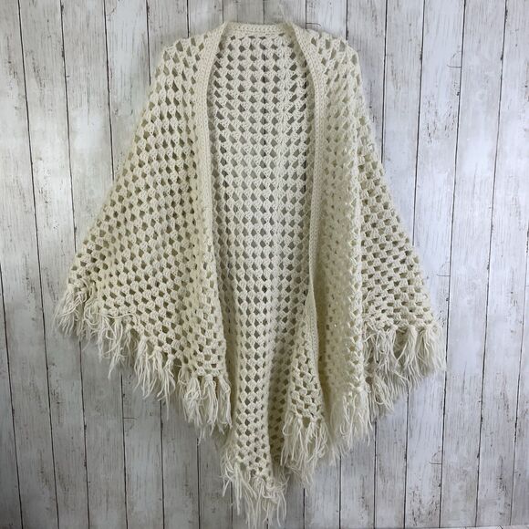 Vtg Crochet Shawl Scarf Wrap Cream Fringe Boho Festival Romantic Handmade - Picture 1 of 6
